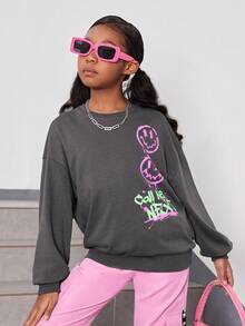 SHEIN 女童長袖針織圓領衛衣,冬季保暖 - 灰色 - 查看 3