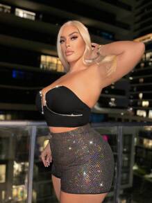 SHEIN SXY Top Corset Adornado Con Diamantes De Imitación Brillantes De Talla Grande Para Mujeres Para Fiesta De Año Nuevo - Negro - Ver 5