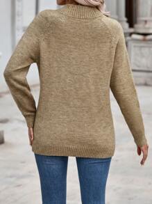 SHEIN LUNE Mock Neck Button Detail Raglan Sleeve Sweater - Khaki - View 2