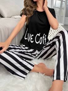 con estampado de letra Camiseta & de rayas Pantalones Conjunto de pijama - Blanco y Negro - Ver 1