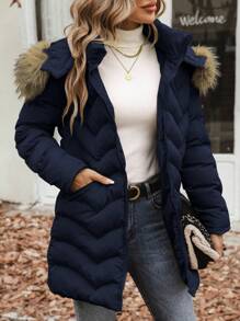 EMERY ROSE 毛绒装饰连帽拉链加厚棉服外套冬季 - 藏蓝色 - 查看 1