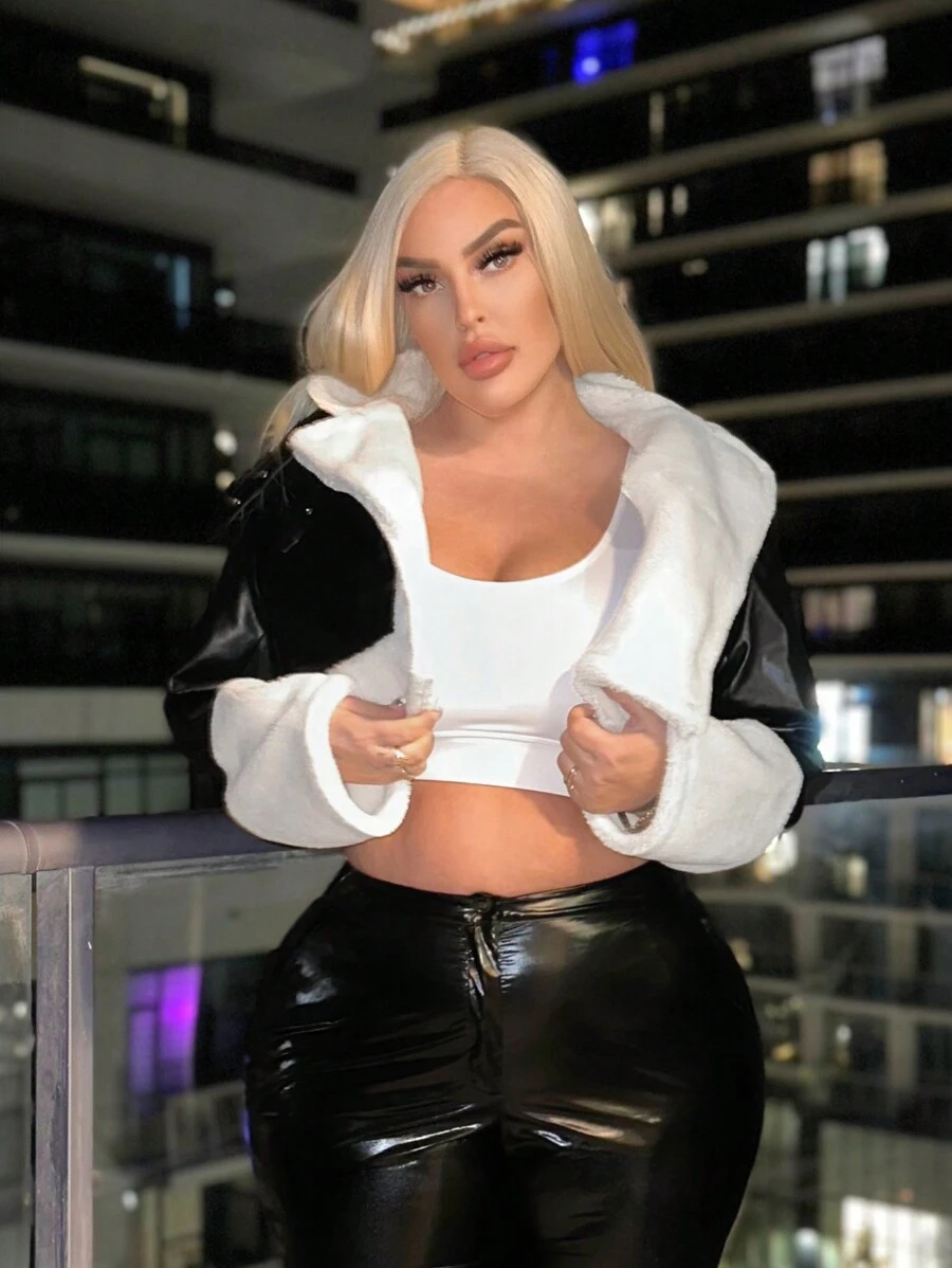 SHEIN SXY 秋冬大码加厚短款夹克 - 黑色 - 查看 1