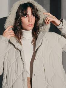 Anewsta Abrigo acolchado con capucha de color liso informal para mujer en invierno - Albaricoque - Ver 2