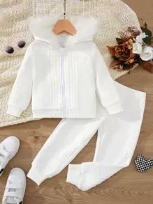 SHEIN Young Girl Fuzzy Trim Hooded Jacket & Sweatpants - White - View 1