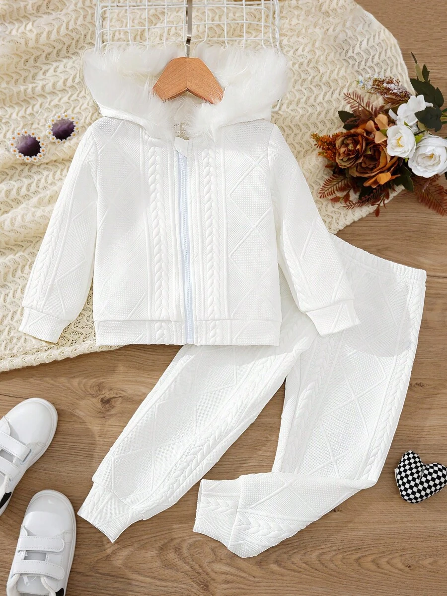 SHEIN Young Girl Fuzzy Trim Hooded Jacket & Sweatpants - White - View 1