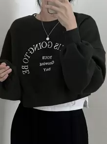 DAZY Letter Graphic Drop Shoulder Oversized Pullover,Long Sleeve Tops,Fall Clothes Sweatshirt - Black - View 3