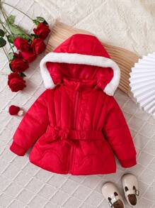 Baby Girl Contrast Trim Hooded Belted Padded Coat - Red - View 1
