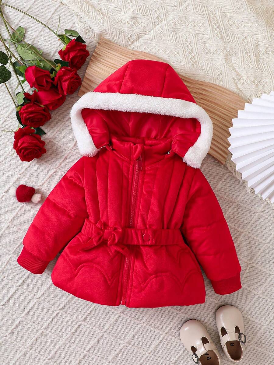 Baby Girl Contrast Trim Hooded Belted Padded Coat - Red - View 1