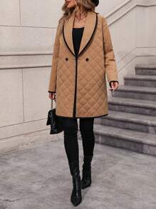 SHEIN LUNE Contrast Binding Shawl Collar Quilted Padded Coat Clothes Winter - Mocha Brown - View 6