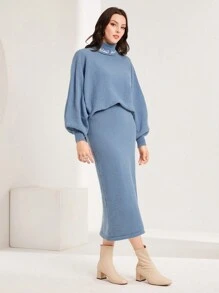 字母刺繡高領蝙蝠袖毛衣和針織裙 - 藍色 - 查看 5