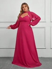 SHEIN Belle 大碼伴娘連衣裙,可拆卸兩件式和長袖設計 - 玫紅色 - 查看 7