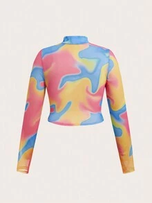 SHEIN ICON 大碼滿版印花小高領前收褶T恤 - 彩色 - 查看 2