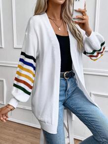 SHEIN Essnce 條紋圖案落肩袖開襟開衫 - 白色 - 查看 5