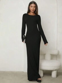 SHEIN Tall Solid Open Back Dress Without Belt - Black - View 4