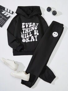 SHEIN Tween Boy Slogan Graphic Hoodie & Sweatpants - Black - View 1