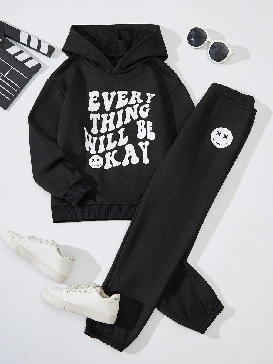 SHEIN Tween Boy Slogan Graphic Hoodie & Sweatpants - Black - View 1