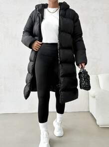 EURMUSE Plus Slant Pockets Hooded Puffer Coat, For Winter - Black - View 5