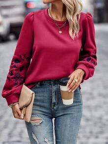 SHEIN LUNE Embroidery Detail Lantern Sleeve Sweatshirt - Burgundy - View 3