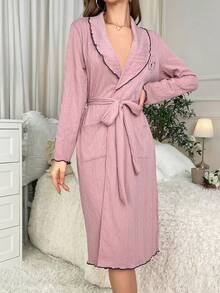 Cartoon Graphic Contrast Binding Belted Robe - Dusty Pink - View 5