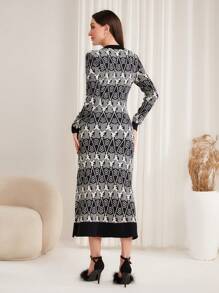 Mulvari Họa tiết Toàn thân Viền tương phản Đầm Áo len - màu đen - Xem 2