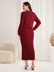 Modelyn Burgundy Red Solid Bodycon Sweater Dress & Cardigan - Burgundy - View 2