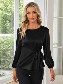 EMERY ROSE Lantern Sleeve Knot Side Solid Blouse - Black - View 3