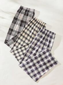 Plus 3pcs Plaid Print Bow Front Pajama Sleep Pants