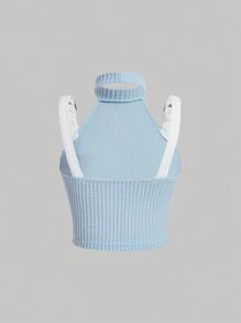 SHEIN MOD Chất rắn Chi tiết nút buộc Đồ đan Ribbed Áo hai dây - Màu xanh lam - Xem 2