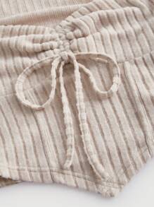 SHEIN MOD Drawstring Front Flare Sleeve Lettuce Trim Asymmetrical Hem Khaki Gathered Breast Cup Pocket Square Hem Tee