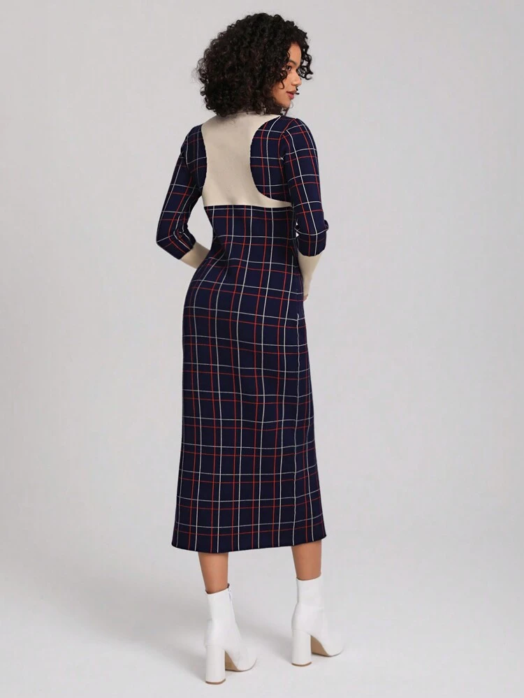 Designer Plaid Pattern Colorblock Split Thigh Elegant Sweater Dress Outfit, For Holiday, Party, Vacation, Birthday Outfits, Festival, Ibiza Fits, Wedding, Prom Dress