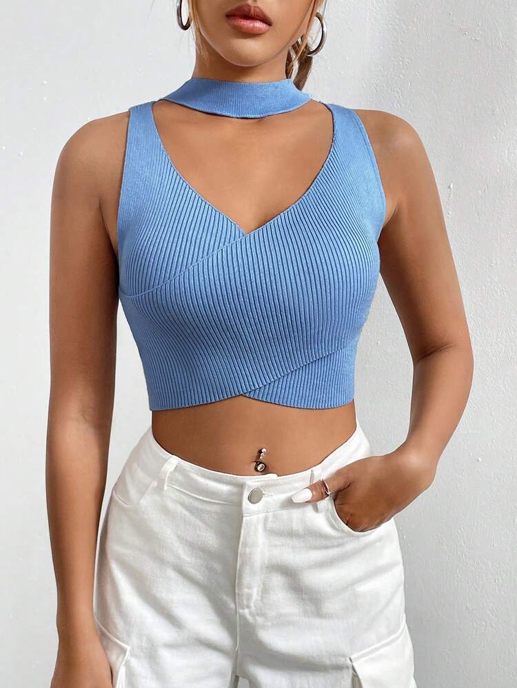 Choker Neck Crop Tank Knit Top