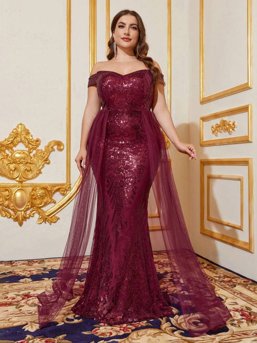 大尺碼露肩對比亮片晚禮服連網紗裙 - 酒紅色 - 查看 1