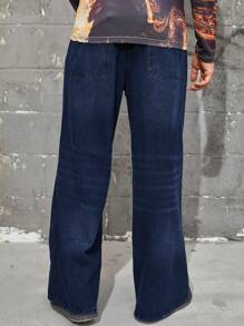 Manfinity Roughcore Loose Fit Men's Distressed Wide Leg Jeans Without Belt - Dark Wash - View 2