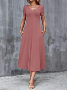 SHEIN Clasi Chất rắn Túi ẩn Đầm - Bụi hồng - Xem 4