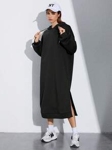 SHEIN EZwear 落肩袖抽繩下擺開叉連帽衛衣裙 - 黑色 - 查看 3