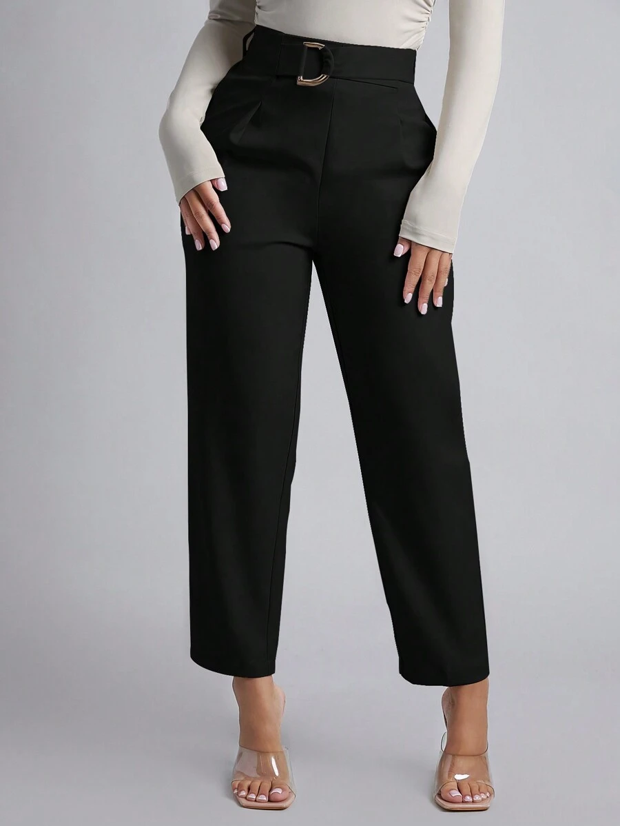 SHEIN PETITE High Waist Pleated Detail Casual Belted Black Pants - Black - View 1