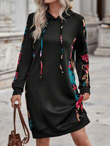 EMERY ROSE Tương phản In hoa Dây rút Đàm áo cánh có mũ - Nhiều màu - Xem 6