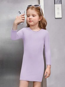 SHEIN Cô Gái Trẻ Chất rắn Váy liền áo vừa vặn - Màu tím - Xem 5