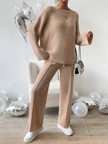 Chiquease Tay Raglan Áo len & Quần dệt kim - Lạc đà - Xem 5