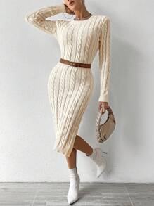 SHEIN Essnce Cable Knit Split Thigh Sweater Dress Without Belt - Apricot - View 5