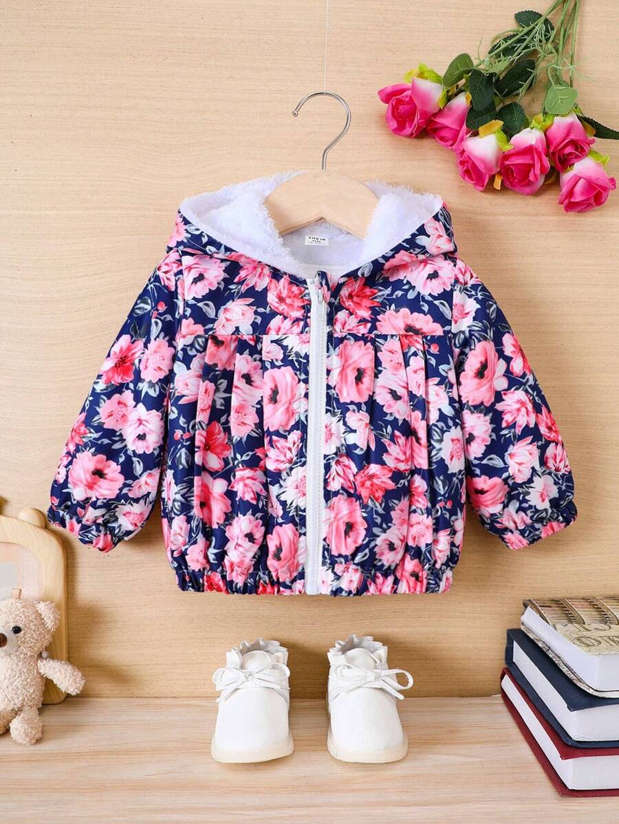Baby Girl Floral Print Zip Up Thermal Lined Hooded Jacket - Multicolor - View 1