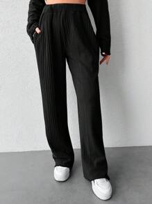 RueChic Solid Elastic Waist Straight Leg Pants - Black - View 5