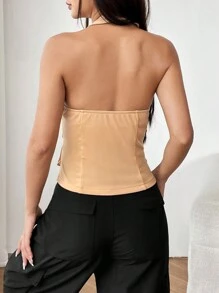 SHEIN EZwear Top Asimétrico De Cuello Halter Con Detalle De Solapa En El Dobladillo