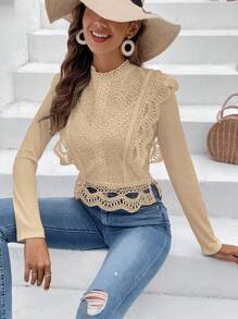 SHEIN Frenchy 水溶蕾絲拼接小高領貝殼邊襯衫 - 卡其色 - 查看 1