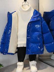 Niño preadolescente 1 pieza Abrigo acolchado con gráfico de letra con capucha - Azul - Ver 3