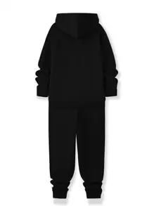 Manfinity Homme Men Letter Graphic Kangaroo Pocket Drawstring Hoodie & Sweatpants - Black - View 2