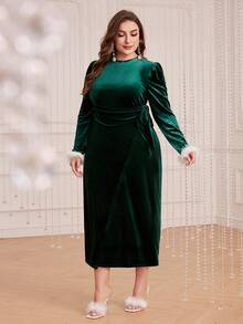 Modelyn Plus Fuzzy Cuff Puff Sleeve Tie Side Wrap Velvet Dress - Green - View 3