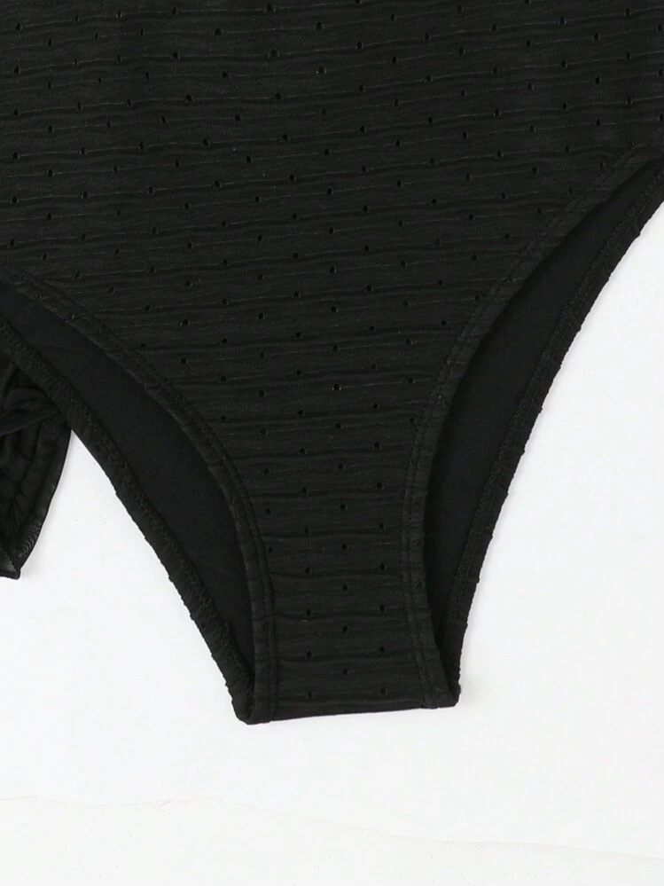 Conjunto de bikini de tres piezas de unicolor con cordón y plisados para adolescente, para verano y playa - Negro - Ver 5