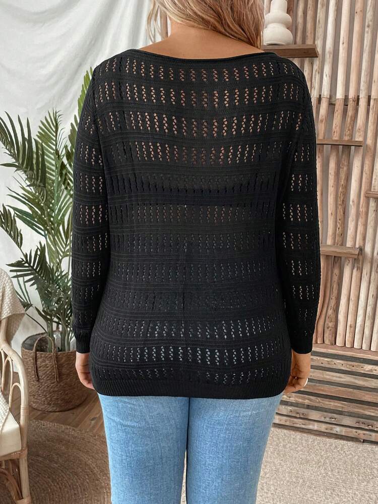Plus 1pc Boat Neck Pointelle Knit Sweater Knit Pullover Fall Winter Sweater