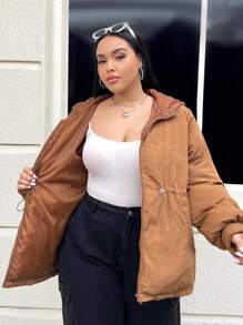 SHEIN EZwear Abrigo acolchado con capucha con cordón y cremallera, talla grande